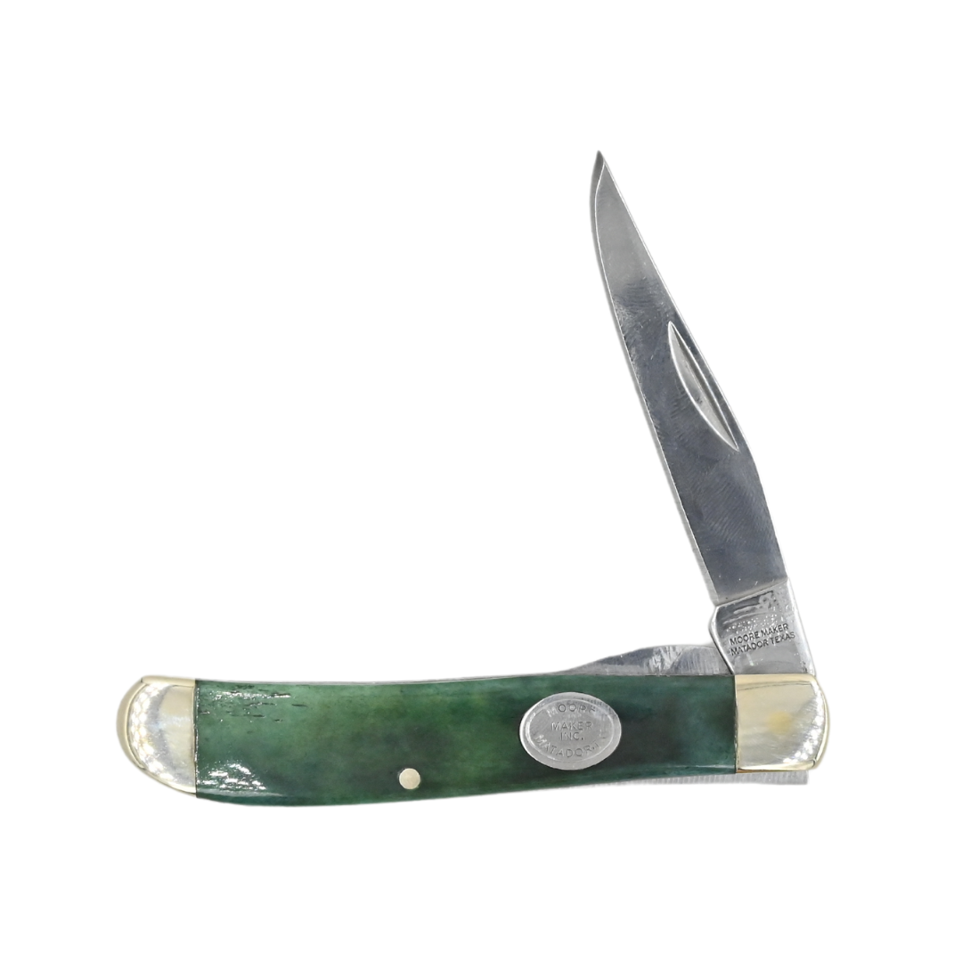Moore Maker Single Blade Liner Lock Trapper Knife with Green Bone Handle