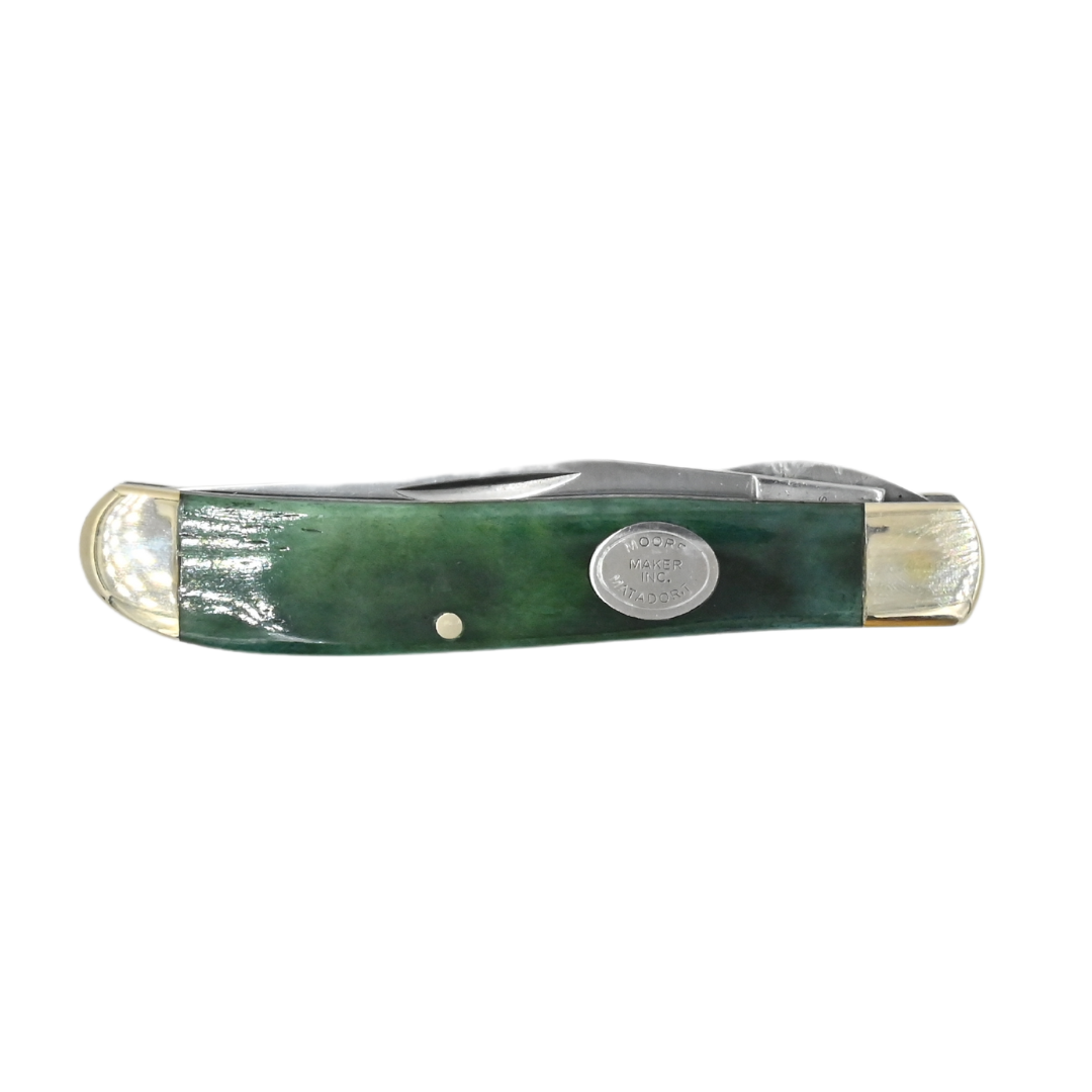 Moore Maker Single Blade Liner Lock Trapper Knife with Green Bone Handle