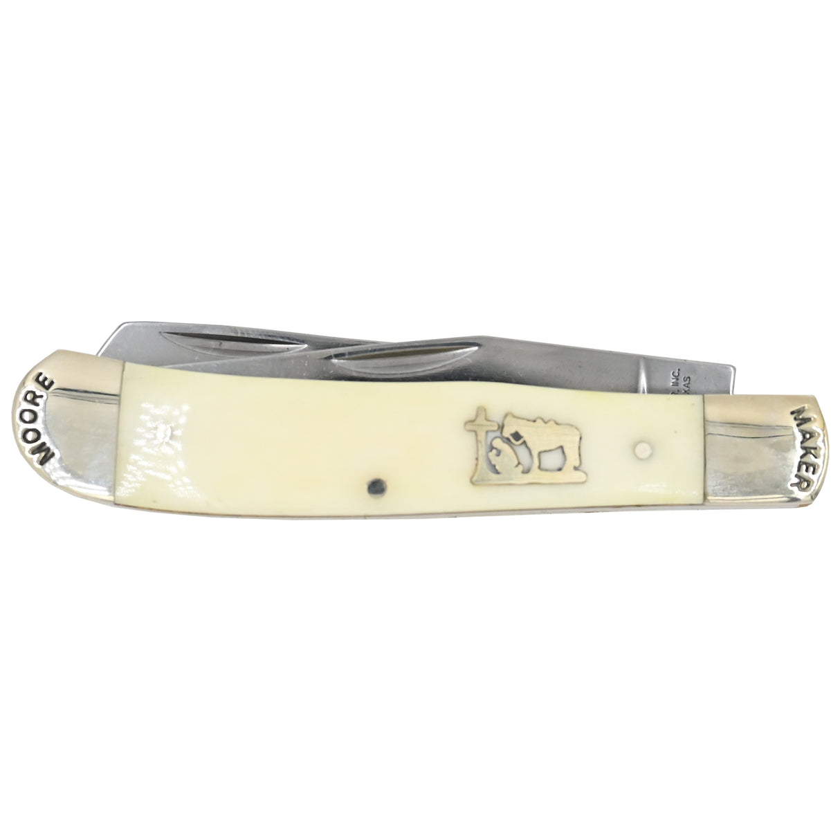 Moore Maker White Bone Trapper Knife with Praying Cowboy