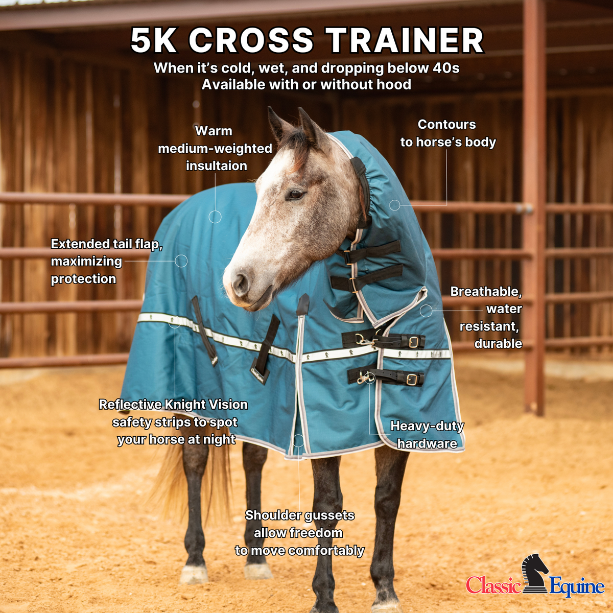 Classic Equine 5K Cross Trainer Turnout Blanket w/ Attached Hood- Charcoal