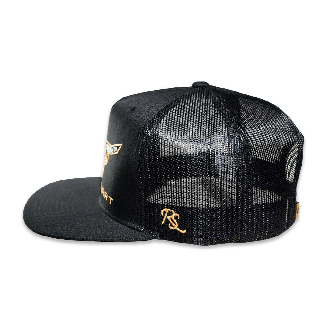 RopeSmart Black Trucker Cap with Desert Blue Santa Fe Logo