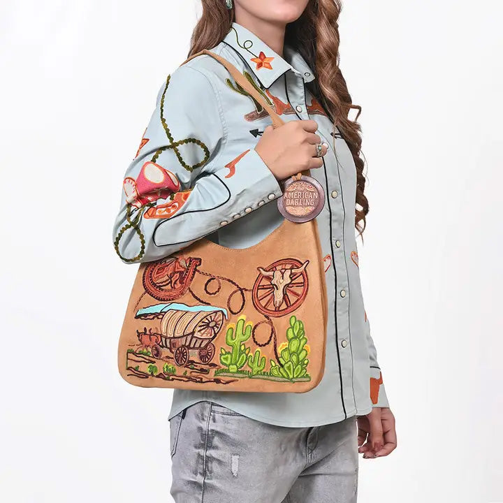 American Darling Embroidered Genuine Camel Suede Hobo Purse