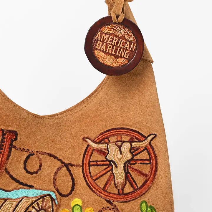 American Darling Embroidered Genuine Camel Suede Hobo Purse