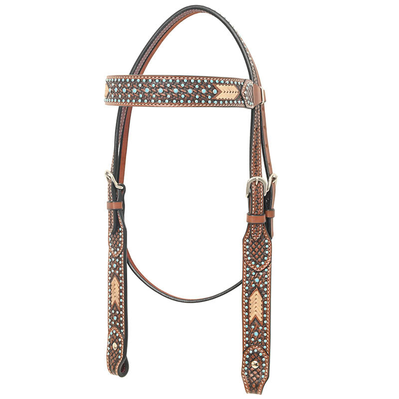 Rafter T Ranch Co. Browband Headstall with Basket Tooling, Rawhide Weaving, Turquoise Beads