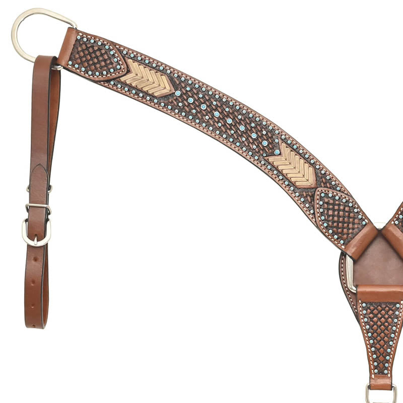 Rafter T Ranch Co. Breast Collar with Basket Tooling, Rawhide Weaving, Turquoise Beads
