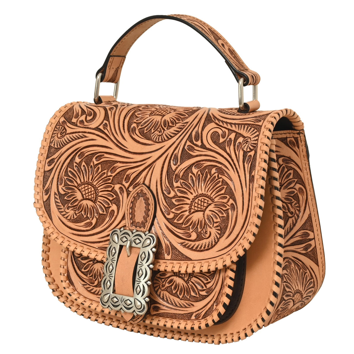 Rafter T Ranch Co. Heritage Hand Bag with Sunflower Floral Carving- Natural