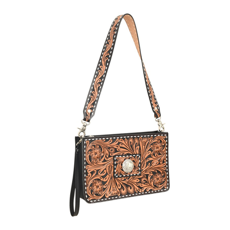 Rafter T Ranch Co Black Tooled Crossbody Purse with Tooled Leather Strap and White Buckstitch