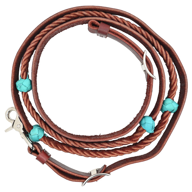 Cowboy Tack 5 Plait Latigo Barrel Reins with Turquoise Knots
