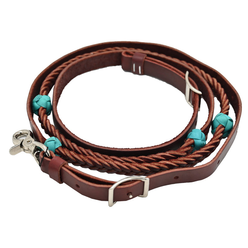 Cowboy Tack 5 Plait Latigo Barrel Reins with Turquoise Knots