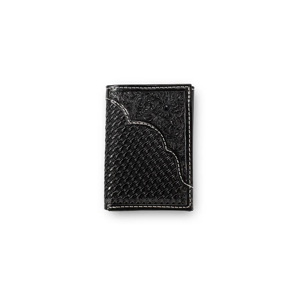 3D Leather Men's Black Basket Weave Trifold Wallet