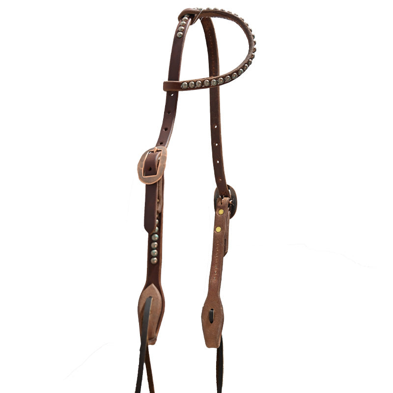 Cowperson Tack Slip Ear Headstall with Copper Buckle and Patina Turquoise Spots