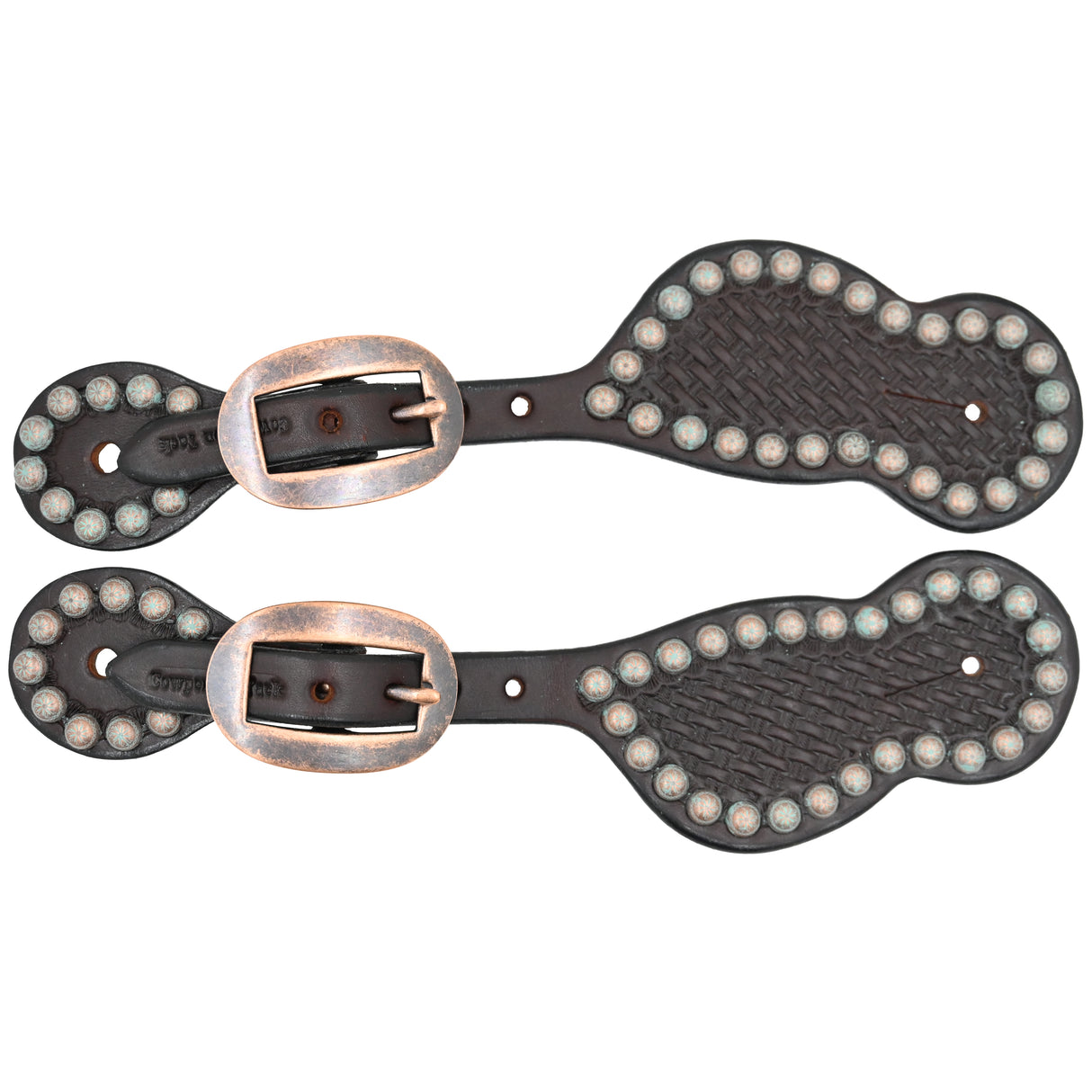 Cowperson Tack Ladies Chocolate Basket Stamped Spur Straps with Patina Turquoise Spots