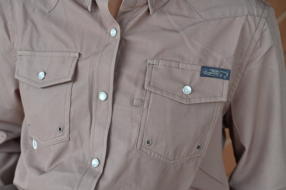 Coolhorse Women's Long Sleeve Light Brown Pearl Snap Button Up Shirt