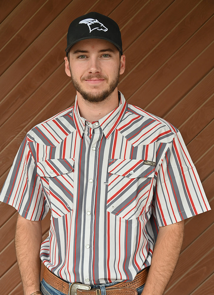 Coolhorse Short Sleeve Gray/Red Striped Pearl Snap Button Up Shirt