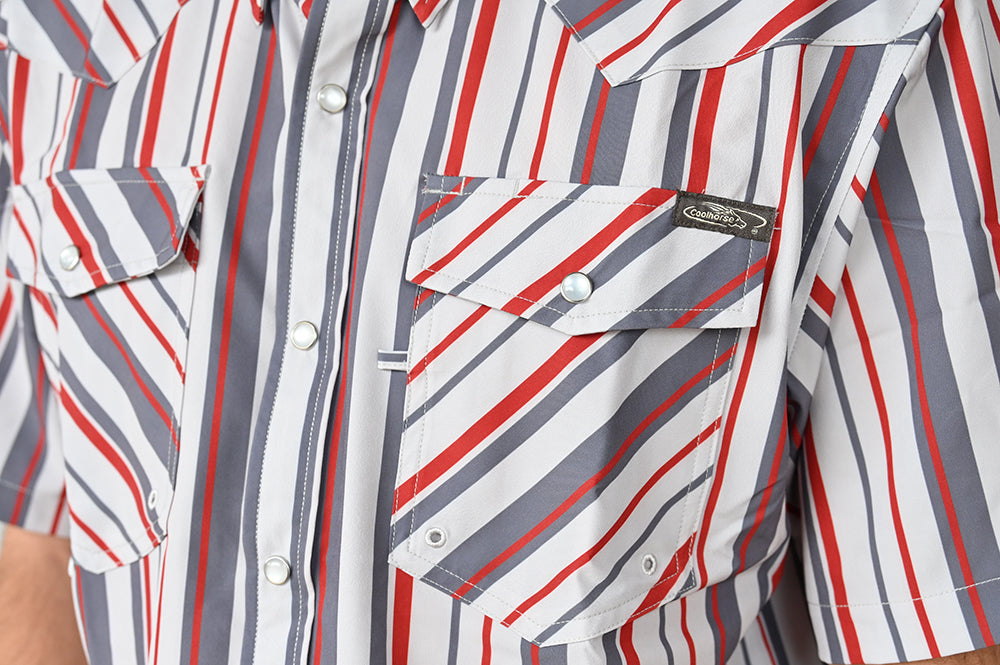 Coolhorse Short Sleeve Gray/Red Striped Pearl Snap Button Up Shirt
