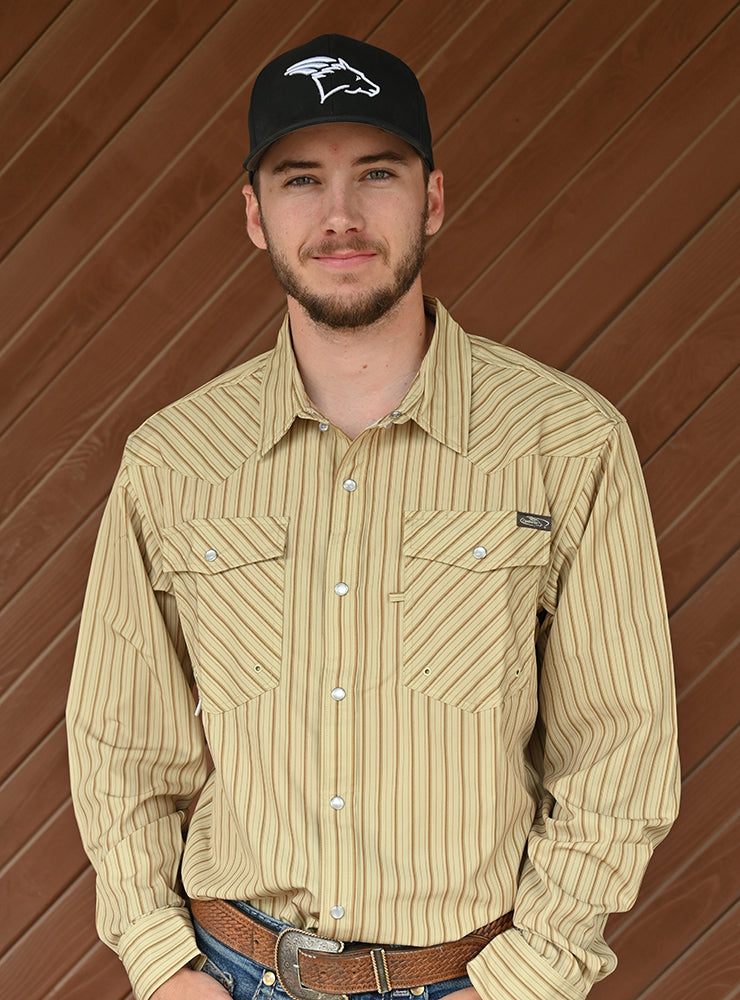 Coolhorse Long Sleeve Khaki/Brown Striped Pearl Snap Button Up Shirt