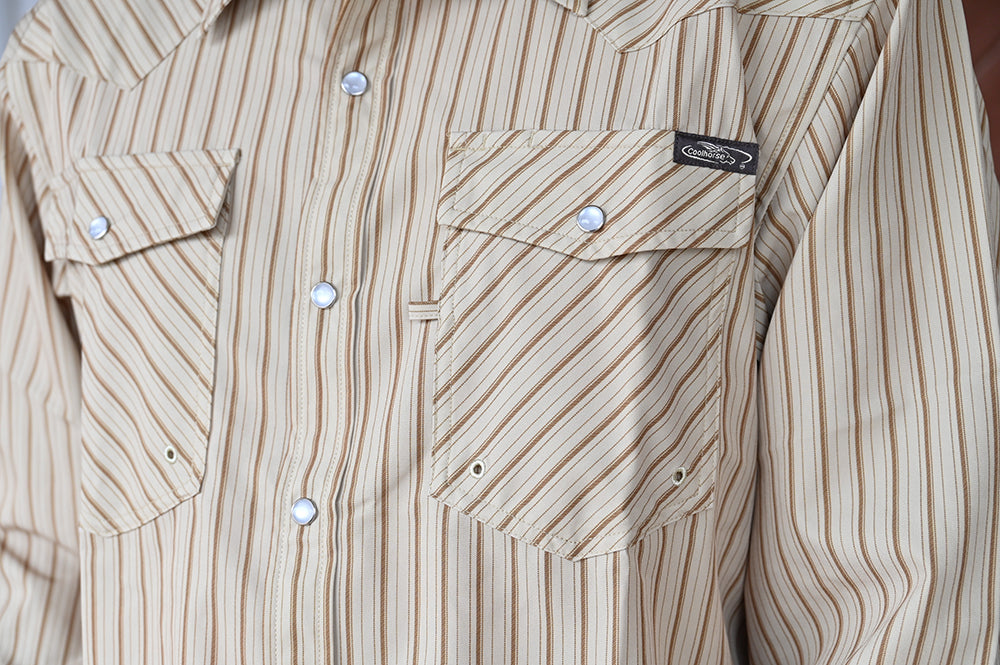 Coolhorse Long Sleeve Khaki/Brown Striped Pearl Snap Button Up Shirt