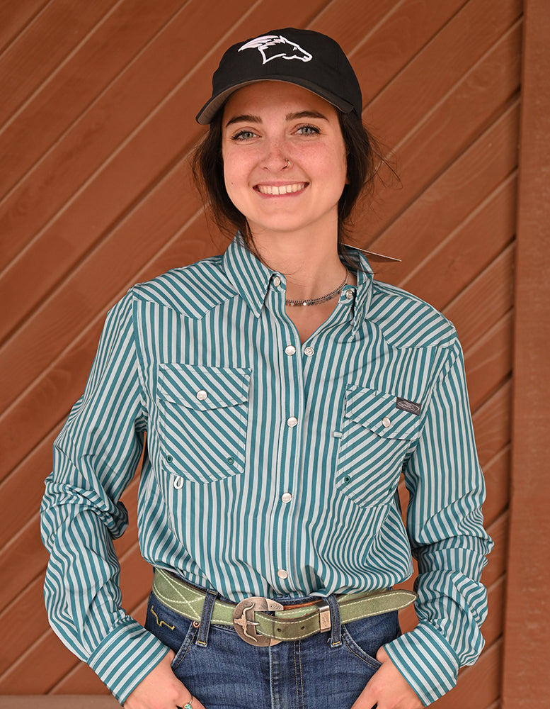 Coolhorse Women's Long Sleeve Teal Striped Pearl Snap Button Up Shirt
