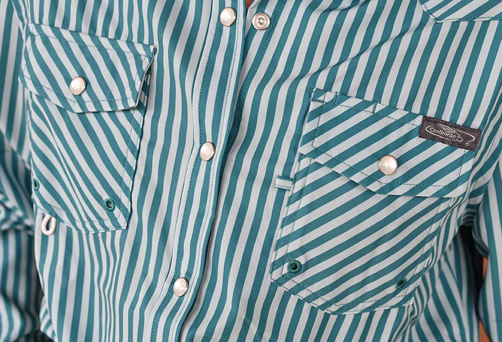 Coolhorse Women's Long Sleeve Teal Striped Pearl Snap Button Up Shirt