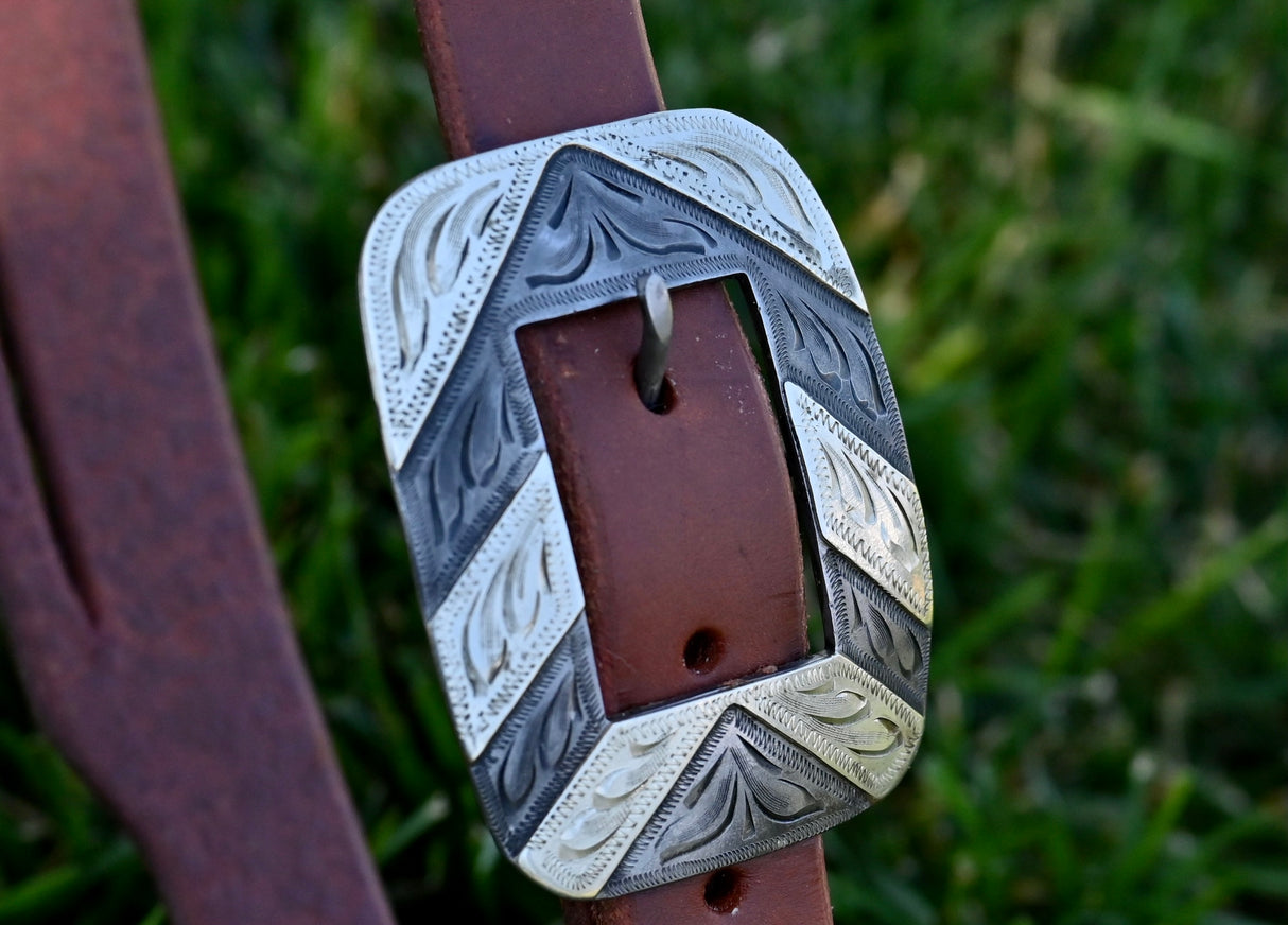 Cowperson Tack 1" Split Ear Headstall with Silver Square Striped Buckle