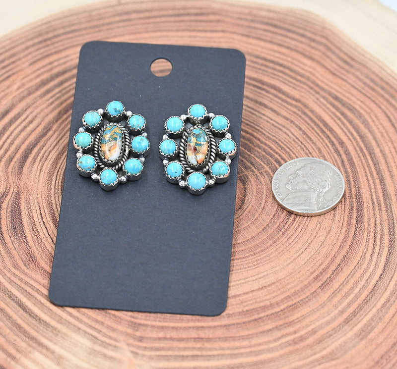 The Serena Earring Oval Cluster Stud With Spiny Oyster and Turquoise