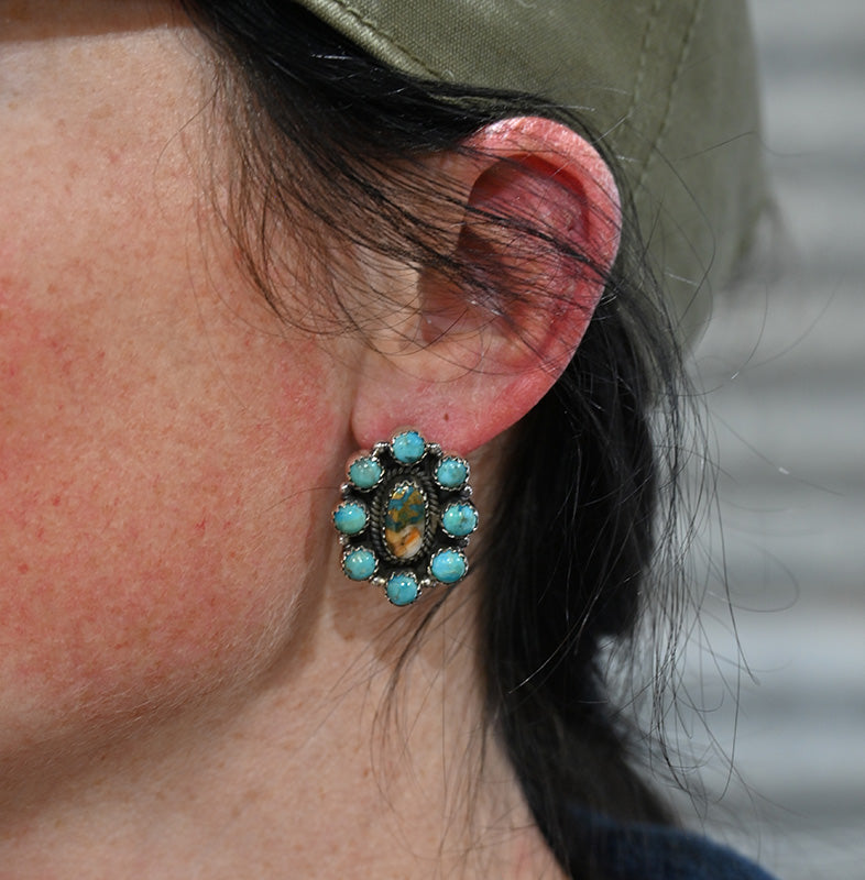 The Serena Earring Oval Cluster Stud With Spiny Oyster and Turquoise