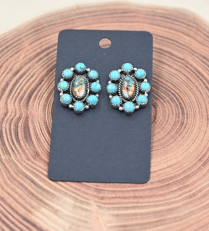 The Serena Earring Oval Cluster Stud With Spiny Oyster and Turquoise