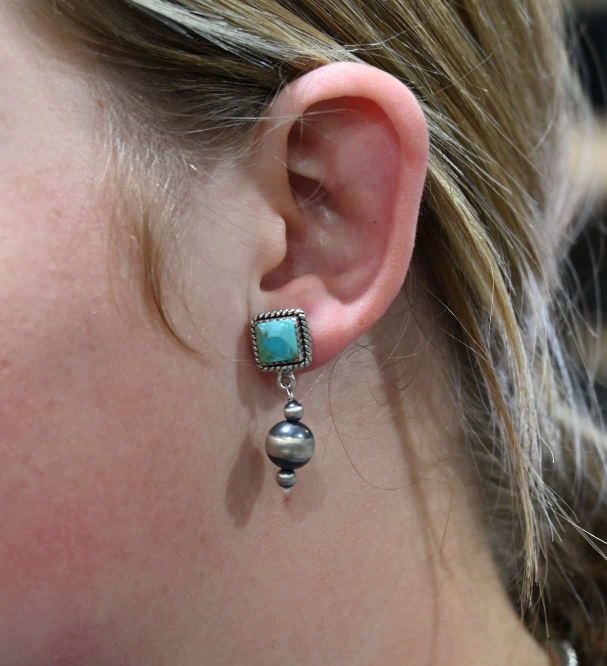 The Saylor Stud Earrings with Turquoise Stones and Dangle Pearls
