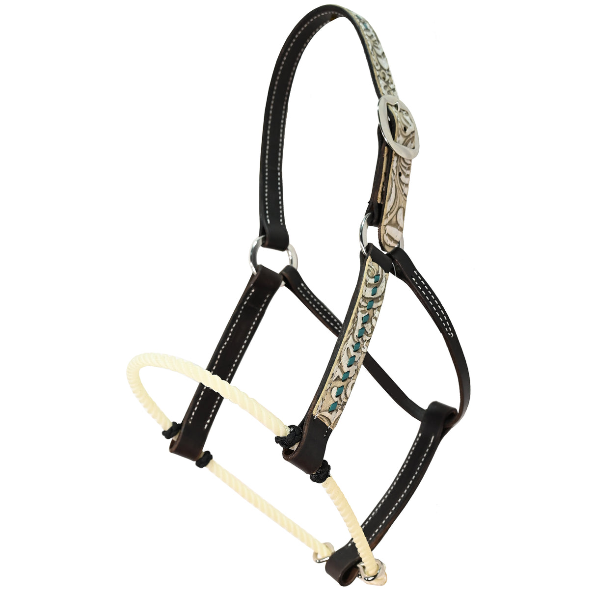 San Saba Equine Lariat Nose Chocolate Leather Halter with Sand Floral Overlay and Buckstitch