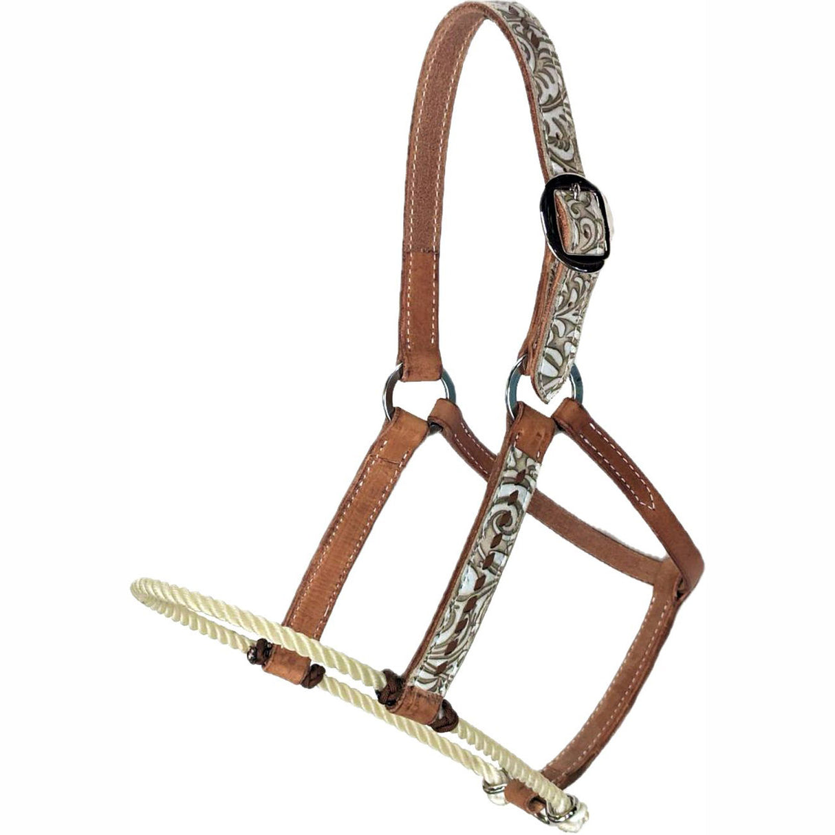 San Saba Equine Lariat Nose Harness Leather Halter with Sand Floral Overlay and Buckstitch