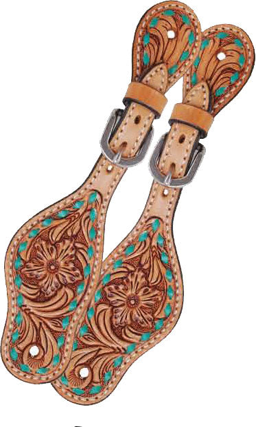 Rafter T Tack Kids Spur Straps w/ Floral Tooling & Turquoise Buckstitch