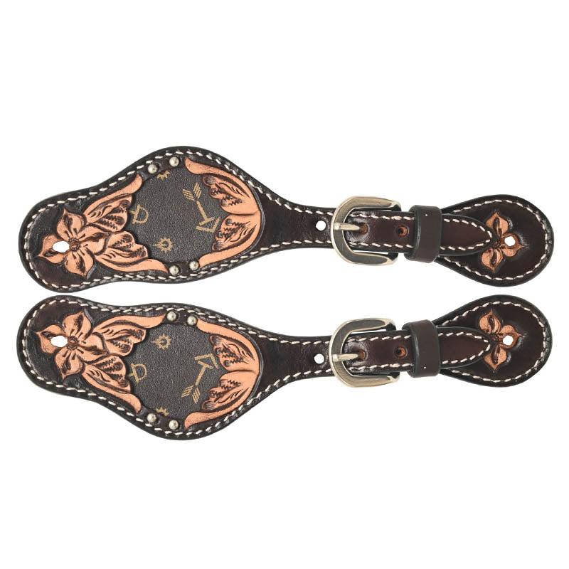 Rafter T Ranch Co Kid’s Spur Strap with Floral Carving, Tan Printed Arrows Inlay
