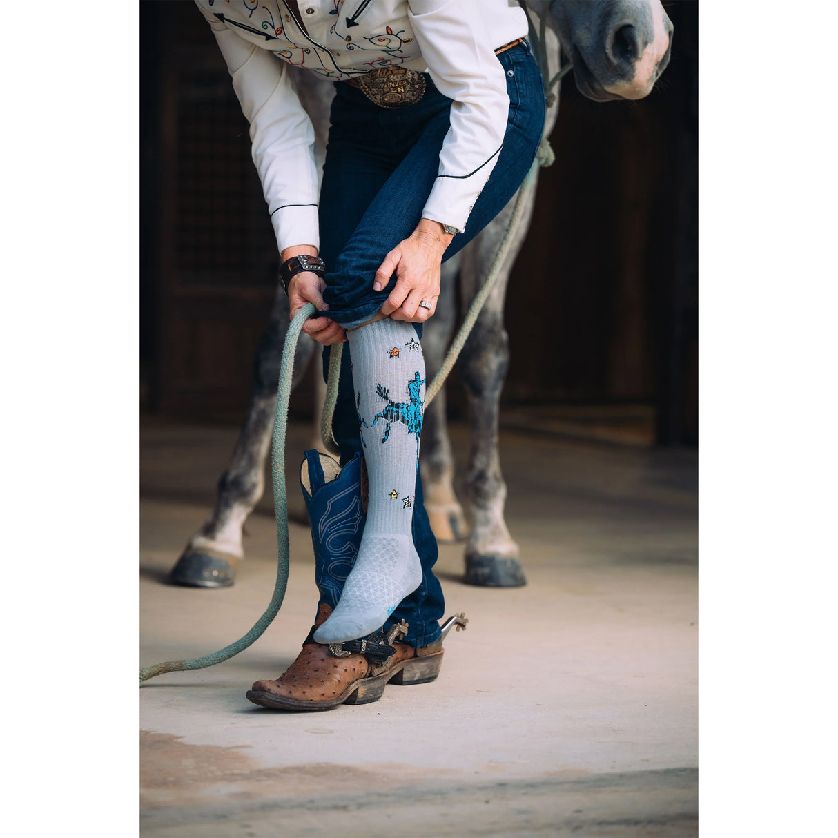 Lucky Chuck Fringe Long Live Grey Western Performance Socks