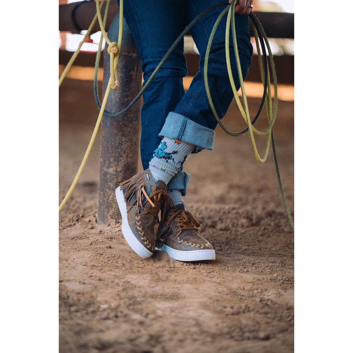 Lucky Chuck Fringe Long Live Grey Western Performance Socks