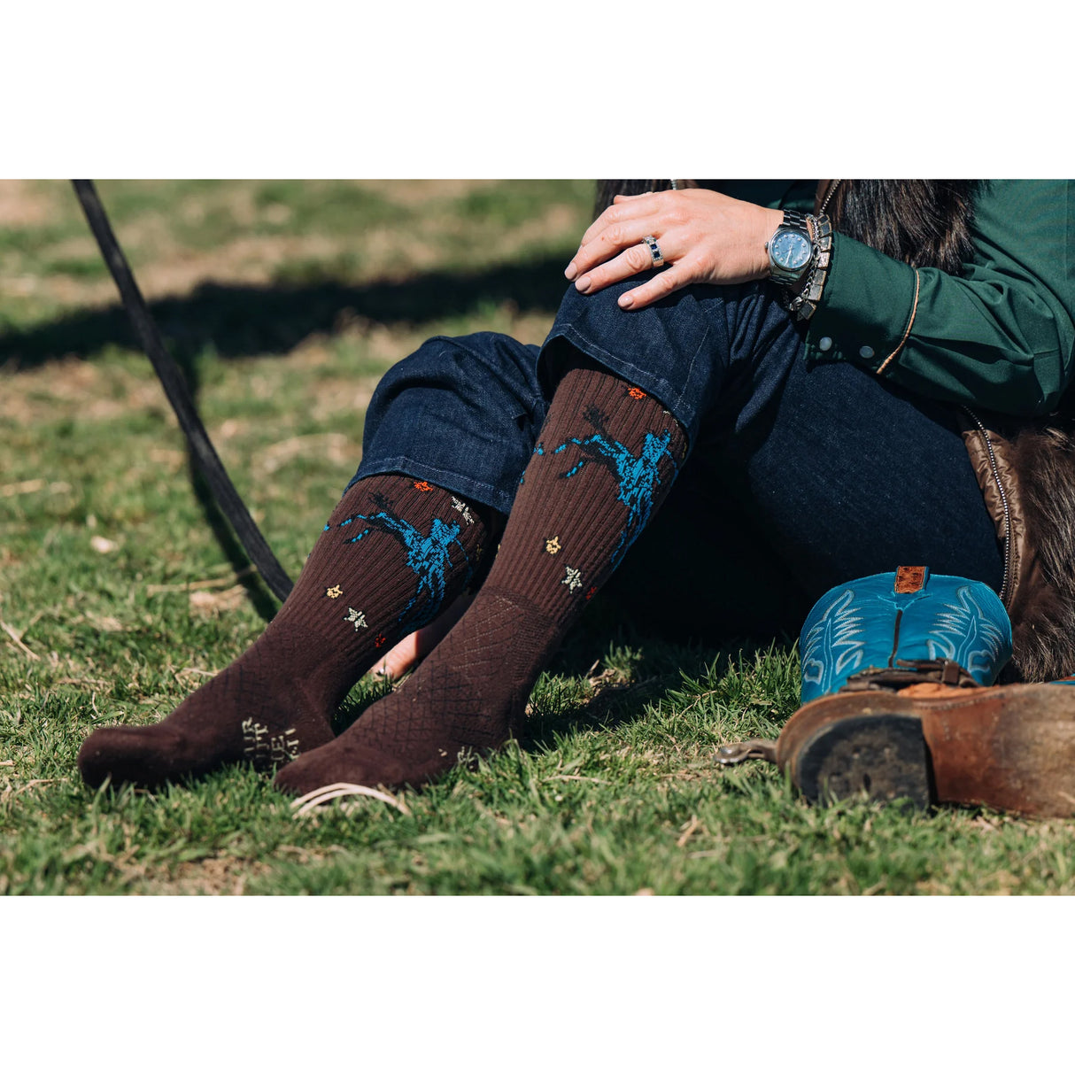 Lucky Chuck Fringe Long Live Brown Western Performance Socks