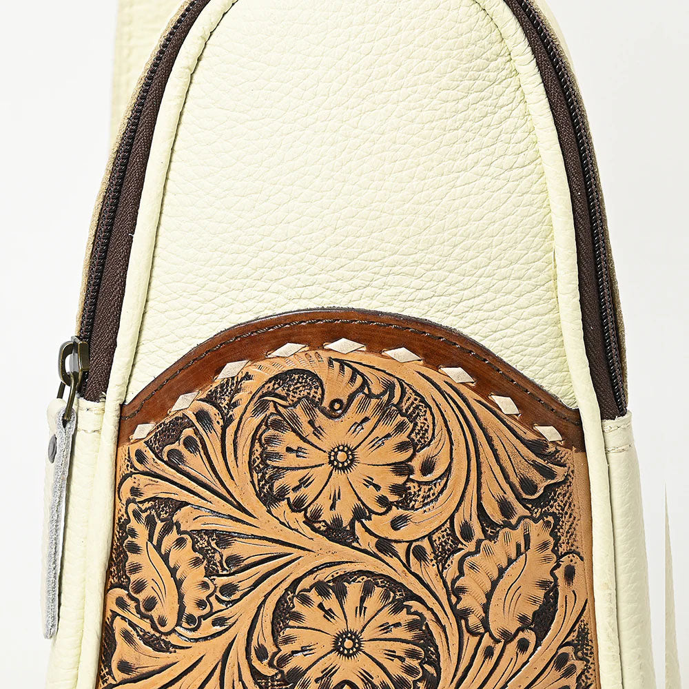 American Darling Cream Leather Sling Bag with Tooled Pocket