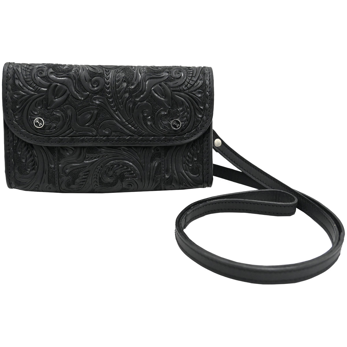 Rafter T Ranch Co. Basket Tooled Wither Strap with Rawhide Weaving, Turquoise Flower Spots