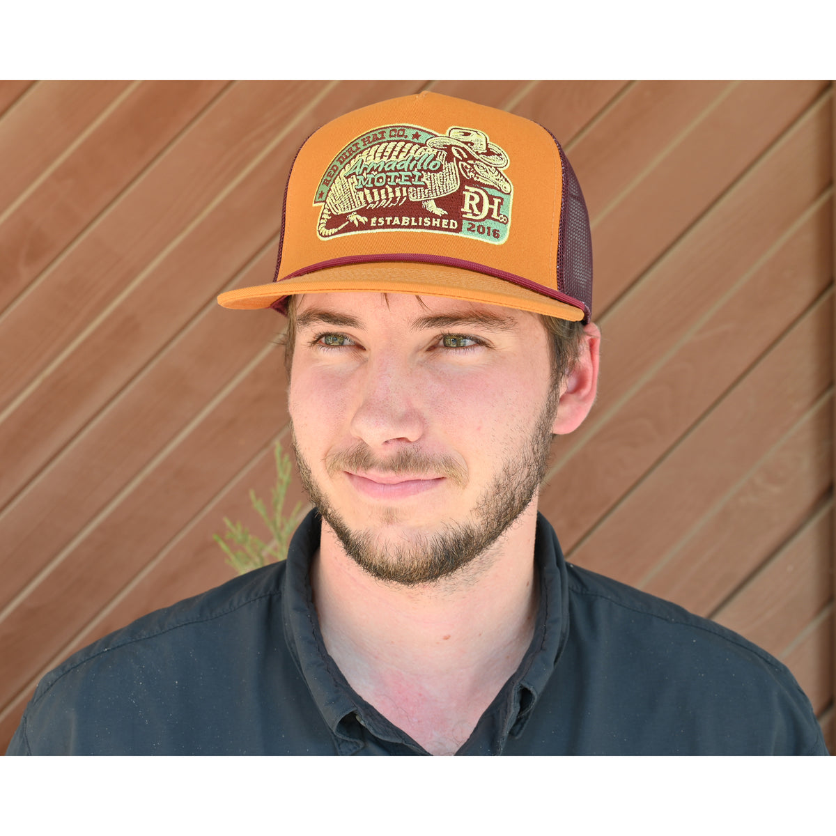 Red Dirt Hat Co. Dillo Motel Mustard and Maroon Snapback Cap