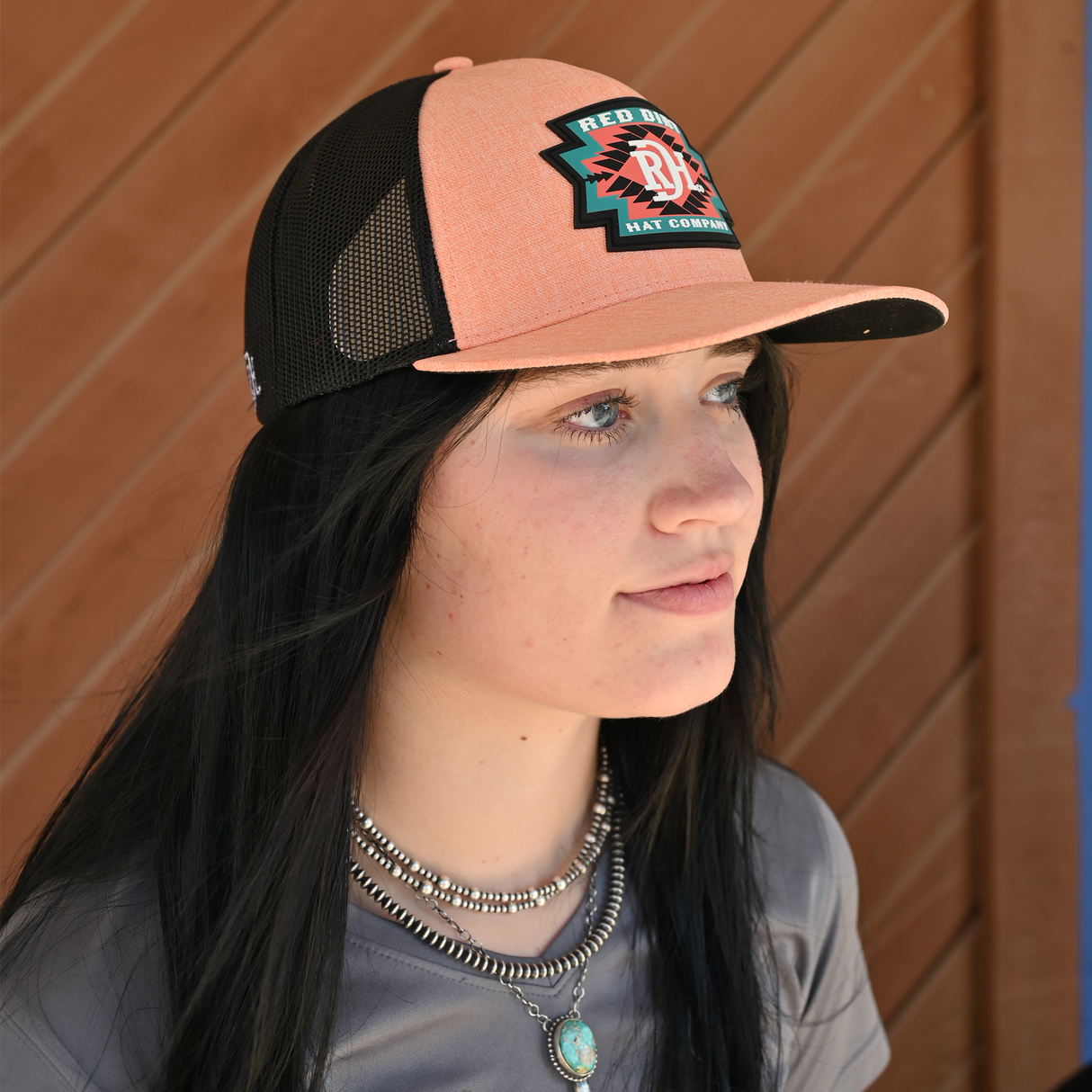 Red Dirt Hat Co. Watermelon and Black Mesh Cap with Aztec Rubber Patch