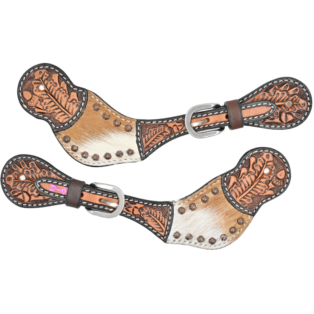 Rafter T Ranch Co Ladies Spur Straps with Cowhide, two tone leather tooling and Brass Accents