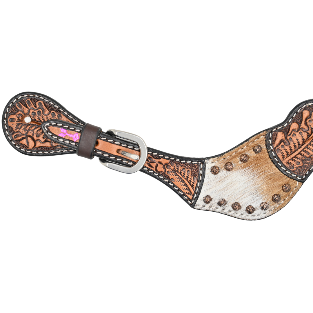Rafter T Ranch Co Ladies Spur Straps with Cowhide, two tone leather tooling and Brass Accents