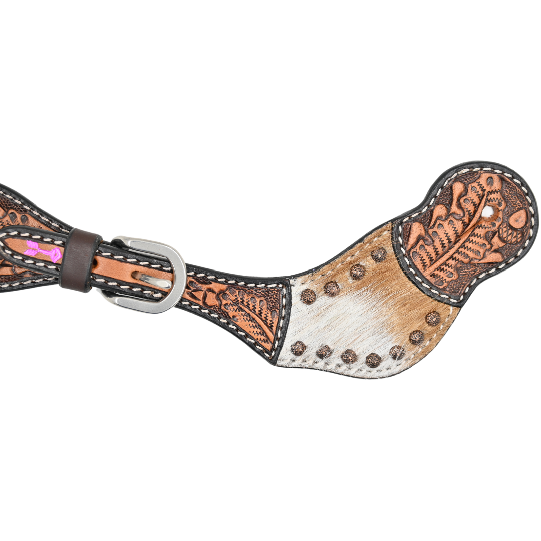Rafter T Ranch Co Ladies Spur Straps with Cowhide, two tone leather tooling and Brass Accents