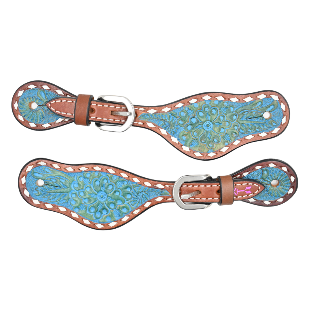 Rafter T Ranch Co. Ladies Spur Straps with Basket Tooling, Rawhide Weaving, Turquoise Beads main image 0