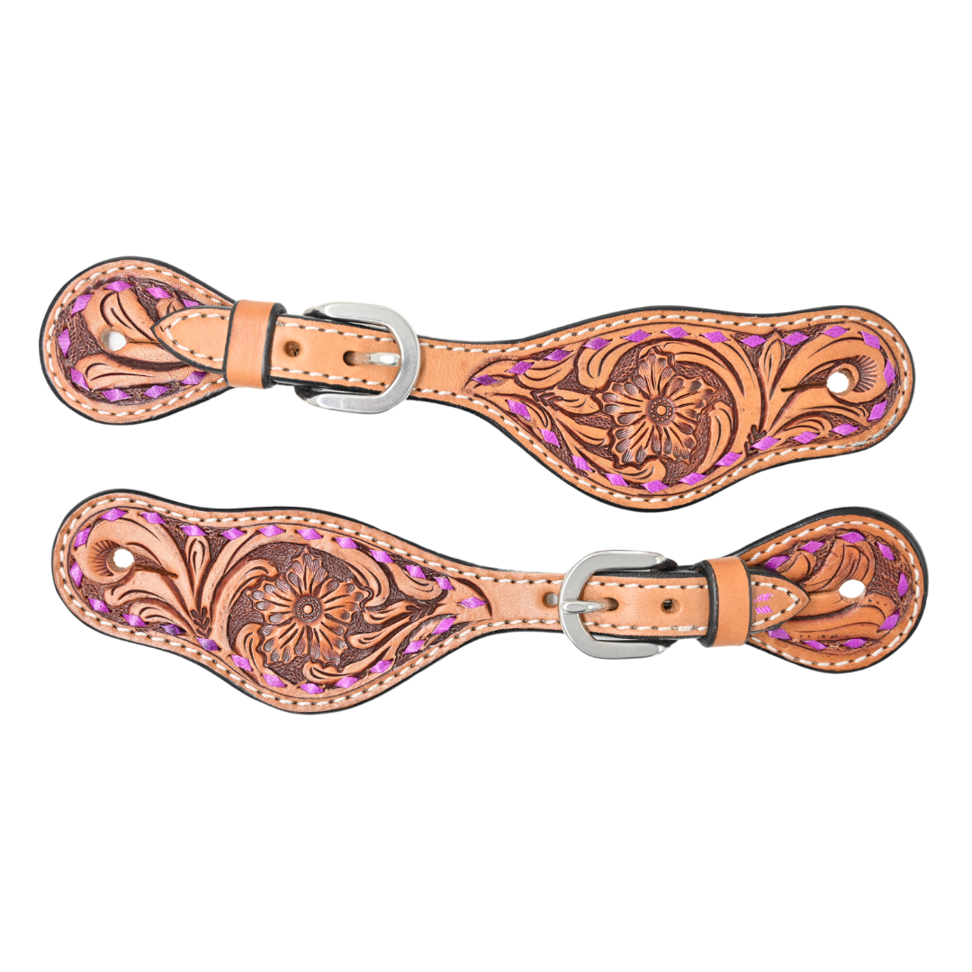 Rafter T Tack Kids Spur Straps w/ Floral Tooling & Purple Buckstitch