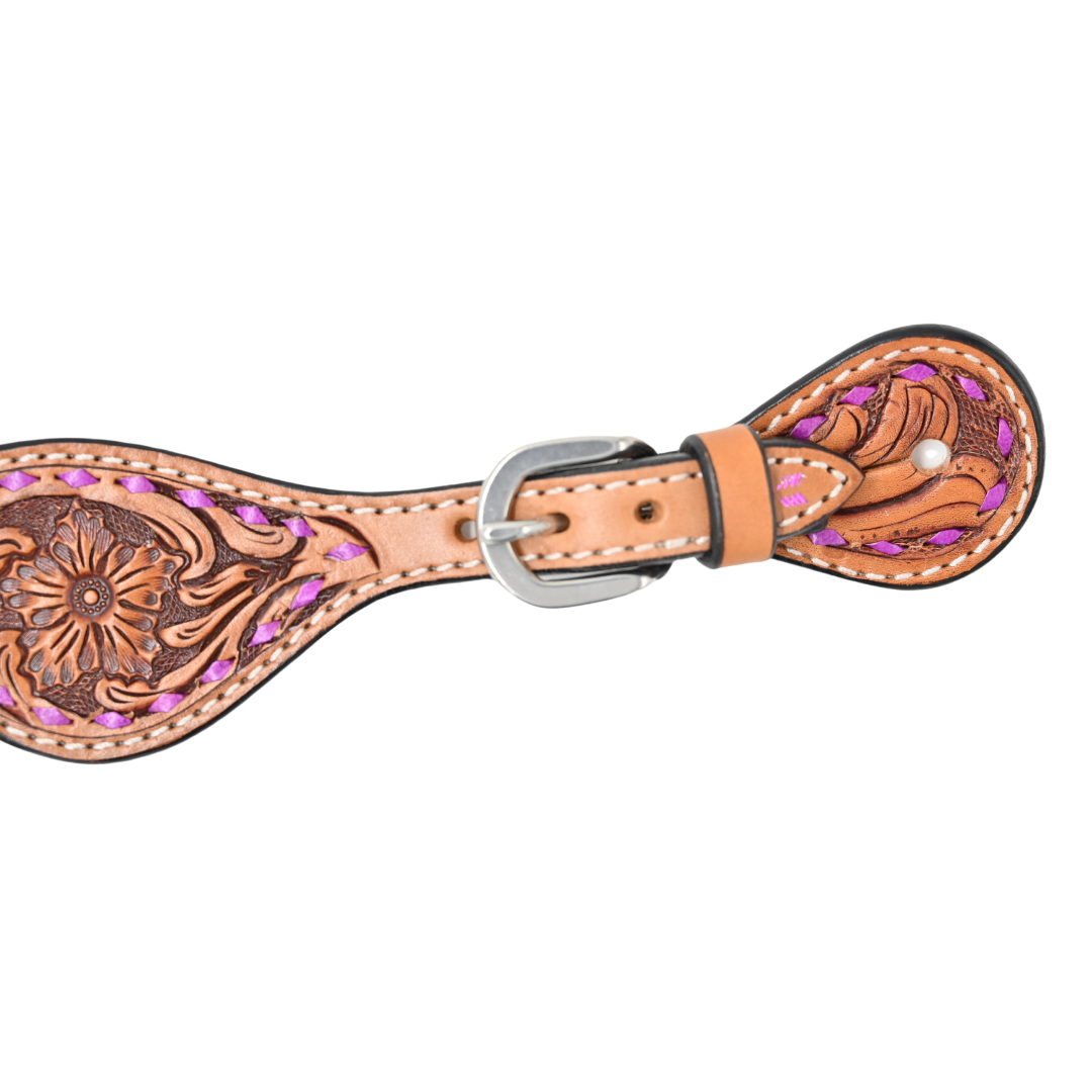 Rafter T Tack Kids Spur Straps w/ Floral Tooling & Purple Buckstitch