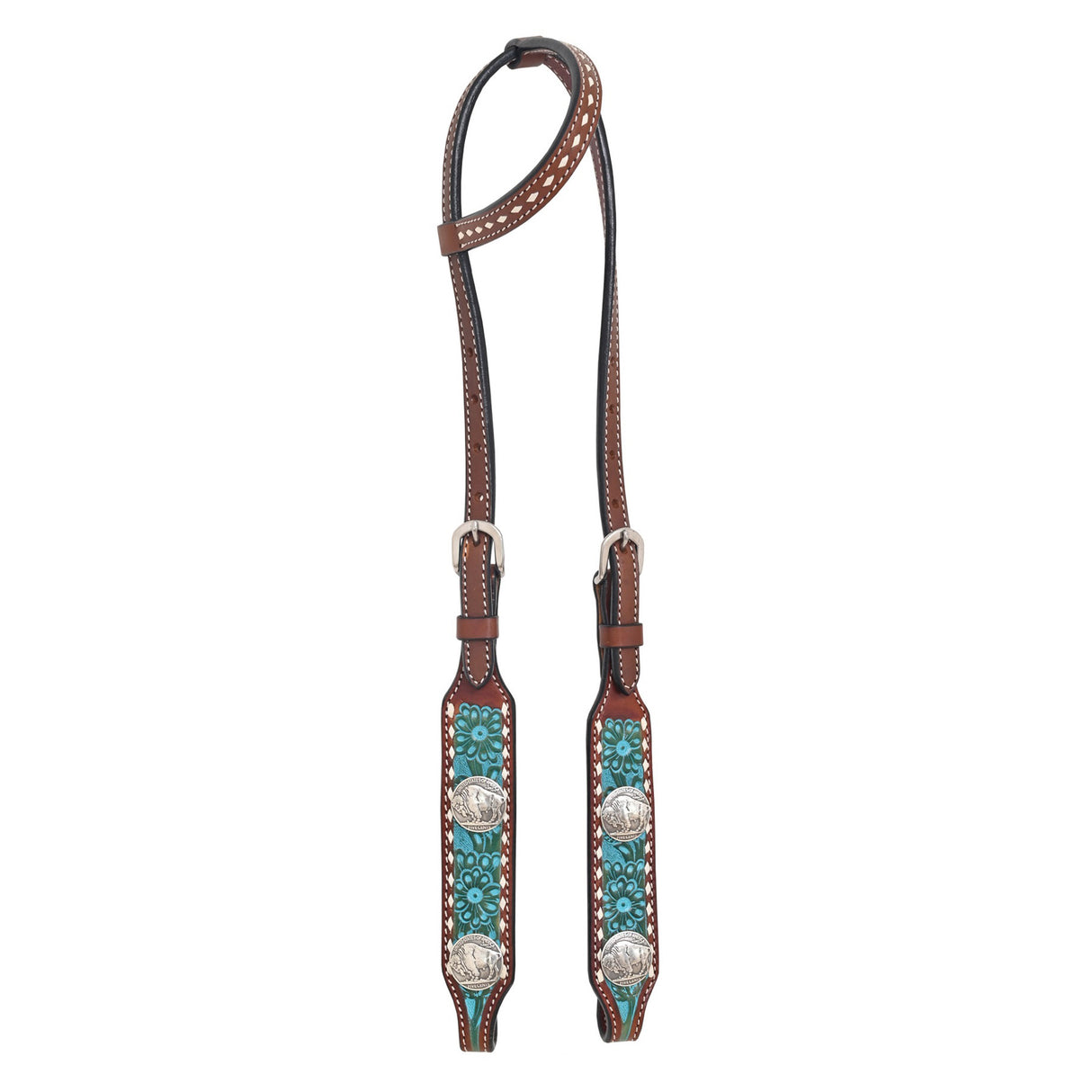 Rafter T Ranch Co. Turquoise Washed Slip Ear Headstall with Buffalo Nickel Conchos