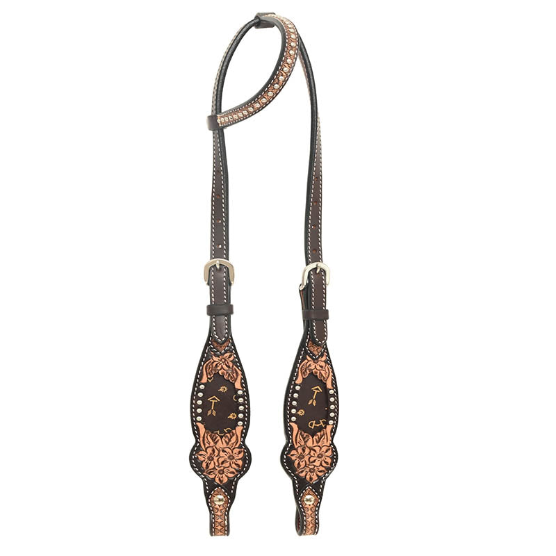 Rafter T Ranch Co. Slip Ear Headstall with Floral Tooling, Tan Printed Arrows Inlay