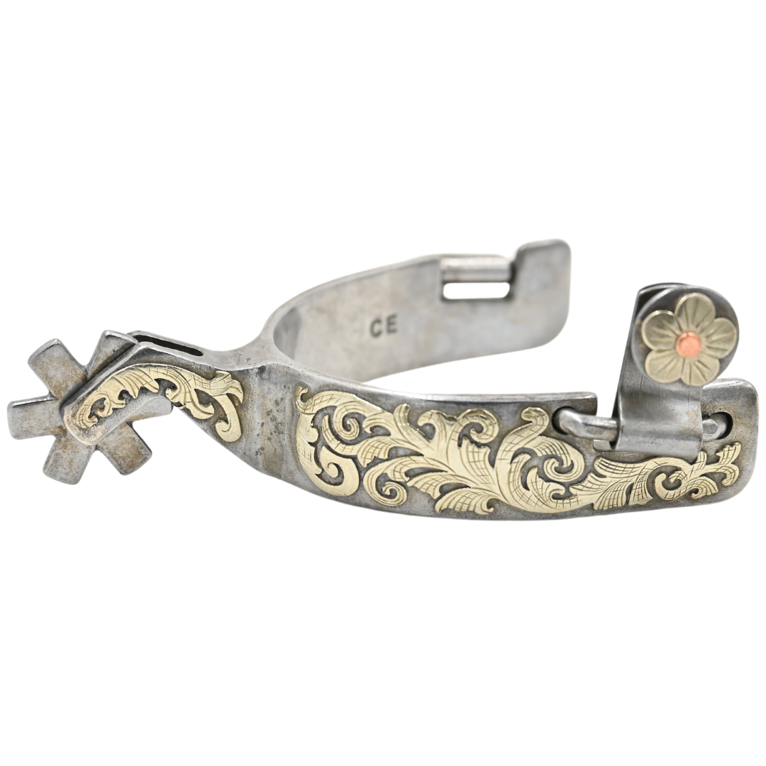 Classic Equine Women's Performance Horse Spurs with Silver and Copper Floral Overlay- 6pt
