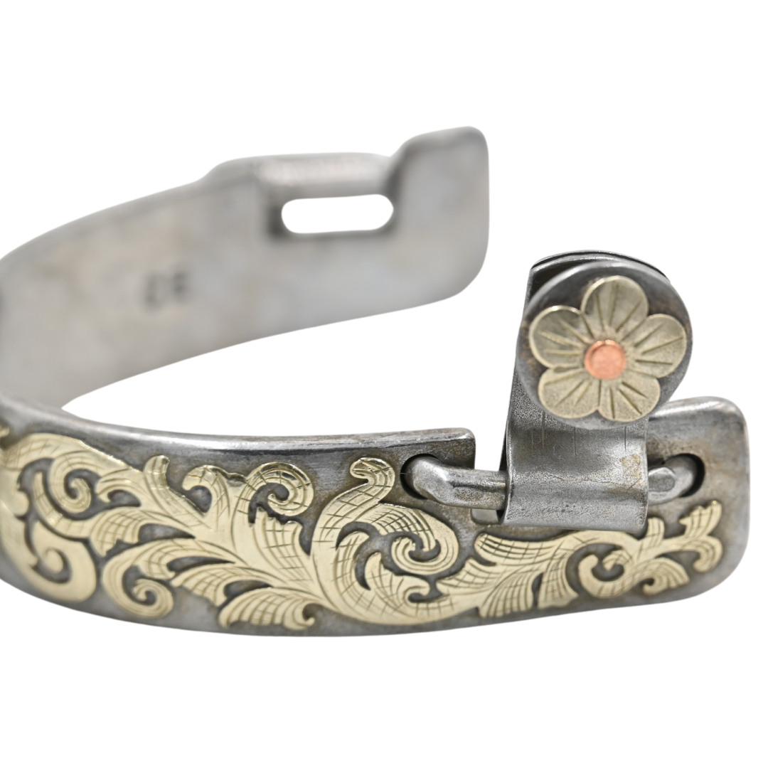 Classic Equine Women's Performance Horse Spurs with Silver and Copper Floral Overlay- 6pt