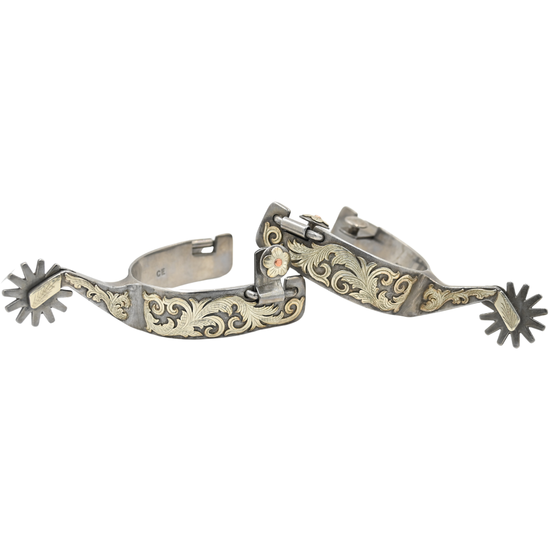 Classic Equine Performance Horse Spurs with Silver and Copper Scroll Overlay- 12pt